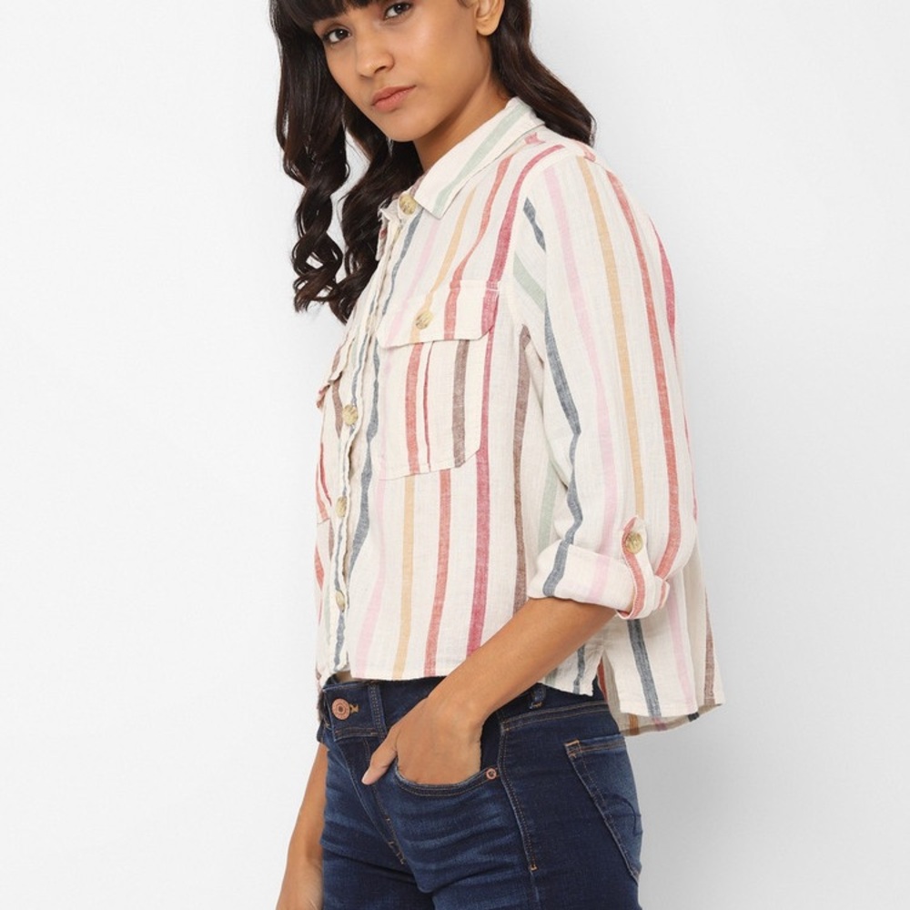 American Eagle Cream Multi Striped Button-Up Crop… - image 3